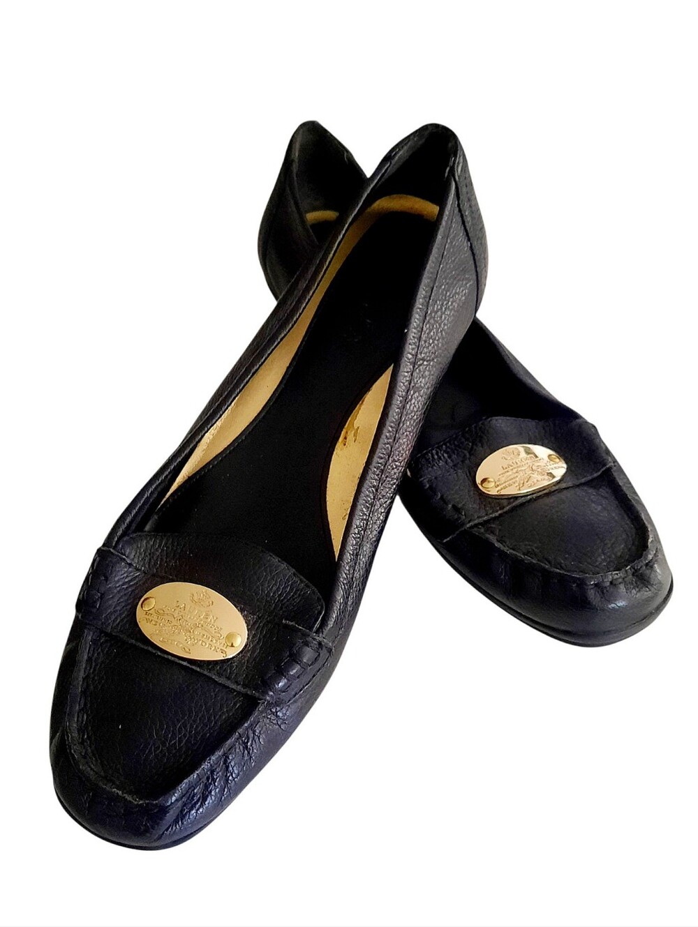 LAUREN RALPH LAUREN Black Leather Driving Shoes Loafers w/Gold Logo Plaque Sz 10